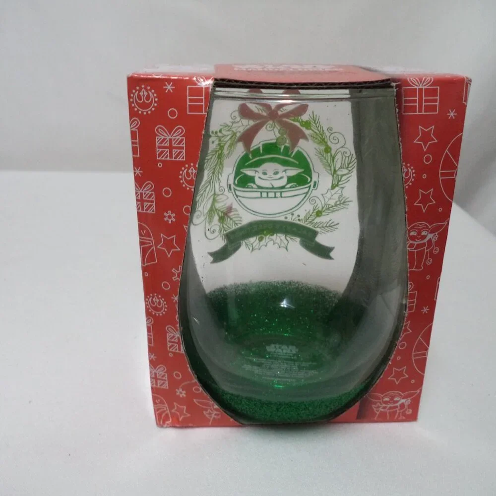 Star Wars Mandalorian Grogu Baby Christmas Yoda Wine Glass Set 2 glitter NEW NWT